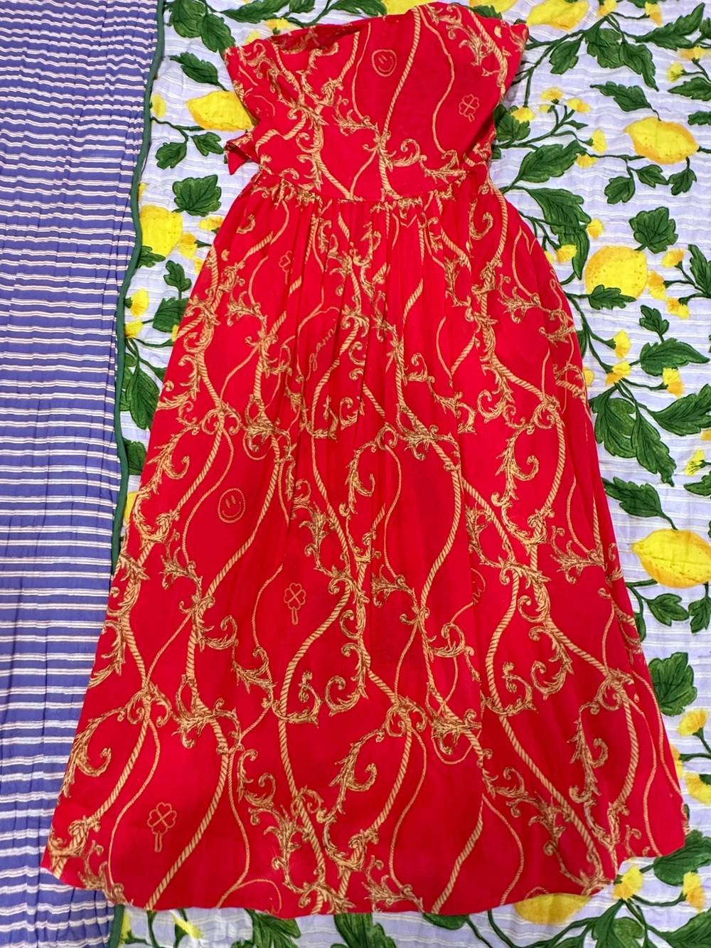 Ganni Strapless Red Dress with Gold Baroque Embroidery